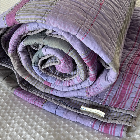 Rare Vintage Pottery Barn Kids Quilted Striped Purple Green Cotton Bedding Full